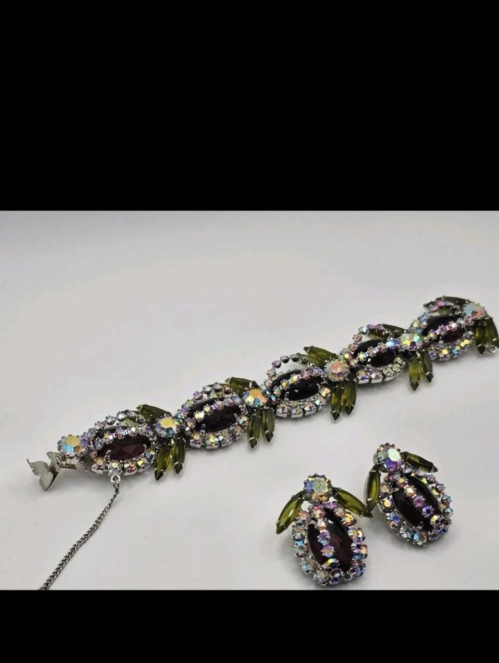 Vintage Unsigned Mid-Century Rhinestone Demi-Parure Set - Bracelet & Clip Earrin